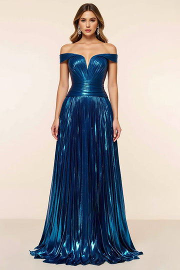 Peacock Blue Metallic Off the Shoulder Pleated A Line Dress